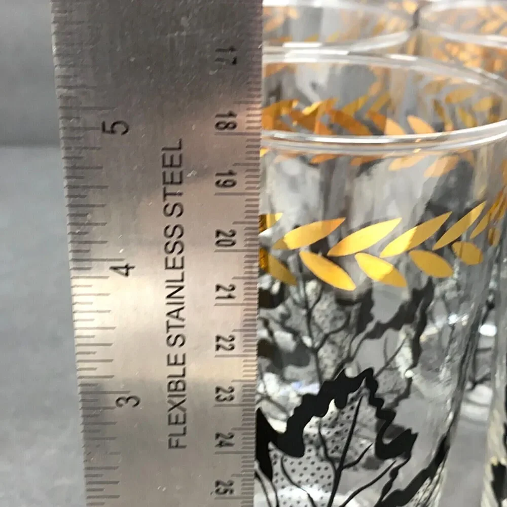 VTG Federal Glass Black Oak Leaf Gold Laurel Tumblers Set 6 MCM Drinking Glasses